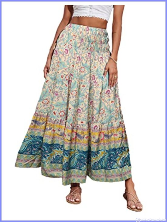 Dresses & Skirts - Women's Boho Floral Maxi Skirt High Waist A-Line Pleated Ruffle Beach Vacation